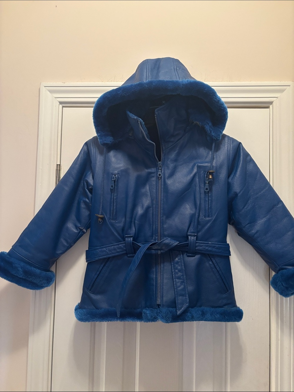 Wilda Royal Blue Genuine Leather Hooded Bomber style Coat with Belt